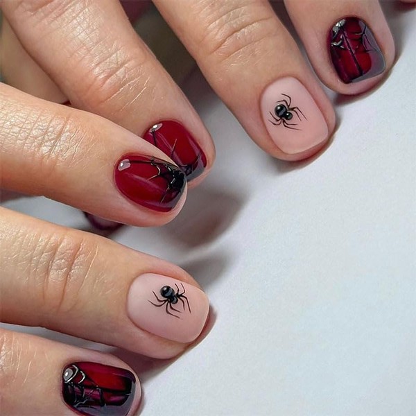 Short Press on Nails Halloween Square Fake Nails Red Black