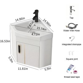 White triangular wall-mounted corner bathroom sink, 15-inch floating mini bathroom dressing table