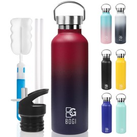 BOGI 600ml Double Wall Vacuum Insulated Stainless Steel Water Bottle-Scratch Resistance&Eco-Friendly for Outdoor Sports Yoga Camping,Straw Flip Cap+Cleaning Brush-1 Year Warranty(Orange)