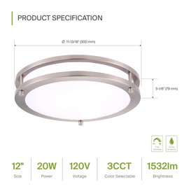 ASD LED 12 Inch Round Flush Mount Light Fixture | 20W 1550LM 3000K-5000K 120V | 3CCT, Dimmable, Energy Star, ETL Listed | Close to Ceiling Double Ring Lamp, Low Profile Lighting | Nickel