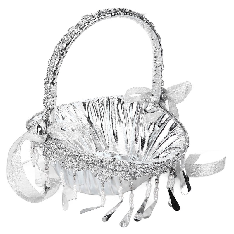Wedding Flower Girl Basket Silver Hand Flower Basket Romantic Rhinestone