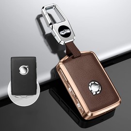 ontto Leather Key Fob Cover with Keychain Stylish Key Case Full Protection Fit for Volvo XC90 S90 XC60 2018 2019 Brown