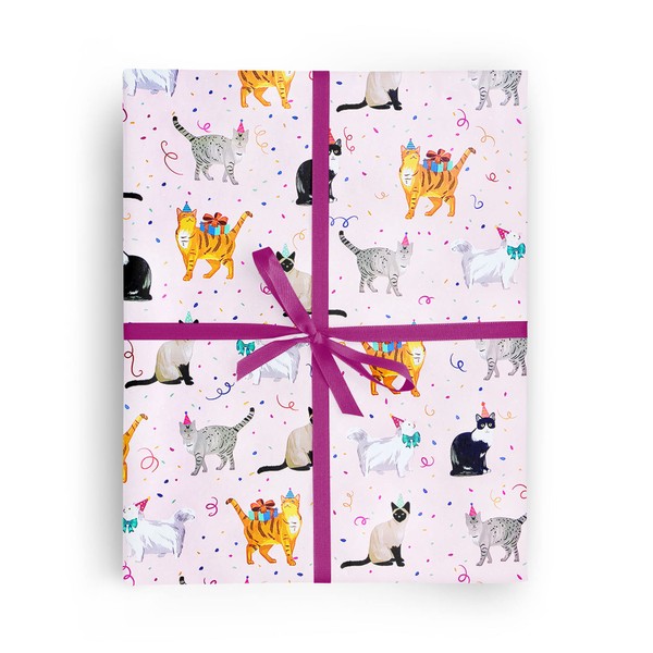 REVEL & Co Party Cats on Pink Premium Folded Wrapping Paper, 2 feet x 10 feet folded birthday feline gift wrap