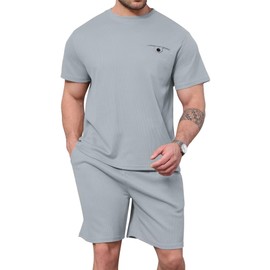 ThusFar Men's Waffle Shirt and Shorts Set 2 Piece Outfits Summer Tracksuits Set with Pockets Athletic Casual Outfits Gray L