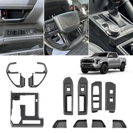 Steering Wheel Trim Compatible with Toyota Tacoma 2024 2025 Center Console Gear Shift Panel Window Switch Door Handle Panel Trim Cover Interior Trim Kit Glossy Carbon Fiber Pattern Not Fit for 2-Door