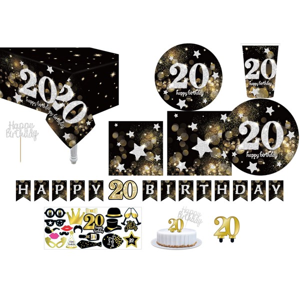 Serves 30 | Essential 20th Birthday Party Pack Happy 20th Birthday 9" Dinner Paper Plates 7" Dessert Paper Plates 12 oz Cups 3 Ply Napkins Cake Topper Candle Photo Props Banner Tablecover 20th Birthday Party Theme