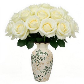 White & Green Chinoiserie Vintage Ceramic Flower Vase with Ruffled Rim - Curvy Body Farmhouse Decor for Shelf, Console Table, Grand Millennial Floral Display | 9.1inch