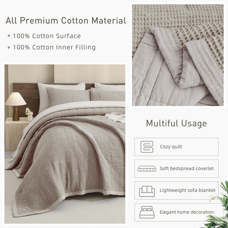 CozyTide 100% Cotton King Size Quilt(110x98 Inch),Dark Khaki Lightweight Waffle