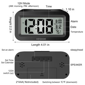 KESHIDE Travel Digital Alarm Clock Battery Operated with Indoor Temperature, Desk Small Clock,Snooze Model,12/24H Display for Bedrooms Heavy Sleepers Kids Travel Bathroom (Black)