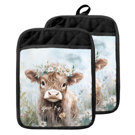 GOOZHO Floral Highland Cow Pot Holders with Pockets, Cow Lovers Gifts for Women Oven Pot Holders Heat Resistant Oven Mitts Hot Pads for Kitchen Baking Cooking