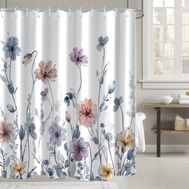AWERT Wildflower Shower Curtain for Bathroom Watercolor Floral Shower Curtain with Hooks Waterproof Flower Printing Fabric Bathroom Shower Curtain 72x72inch