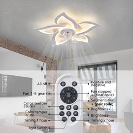 Ruibutrade White Flower Modern CeilingFans with Lights, Low Profile Ceiling Fan with Remote for Bedroom, Flush Mount Ceiling Fan with LED Dimmable Light,3-Colors, 6-Speeds, Timing CeilingFan Light
