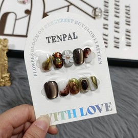 TENPAL Handmade Press On Nails With Tools Kit,Handmade 3D Floral Autumn Winter Grey White Brown Short Square Fake Nails,Glitter Cat Eye Retro Sweet Cool Glossy Glue on Nails 10pcs,Flower Nails(XS)