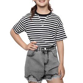 Size 9 10 Years Short Sleeve Shirts Tops Girls Drop Shoulder Sleeve Casual Summer Crewneck Black Stripe Lightweight Blouse Tees