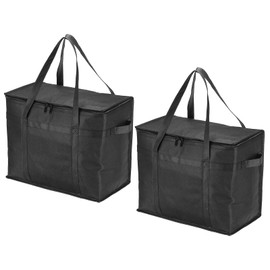 PATIKIL 16.1"x9.1"x13" Insulated Reusable Grocery Bag, 2 Pack Food Delivery Insulated Cooler Tote Bag with Zipper Collapsible for Hot Cold Transport Shopping, Black