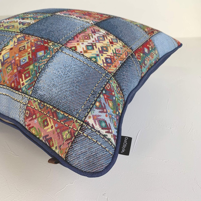 Out Style 45x45 Gobelins Imported Fabric Cushion Cover (Denim Stitch,
