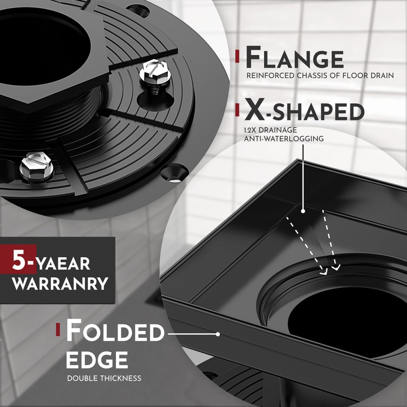 WEBANG 4 Inch Square Shower Drain Black Floor Drain with