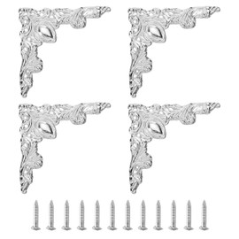 sourcing map 4Pcs Vintage Flat Corner Bracket, 2" x 2" Metal Desk Corner Protectors Zinc Alloy Decorative Edge Cover with Mounting Nail for Furniture Jewelry Box Gifts Box, Silver