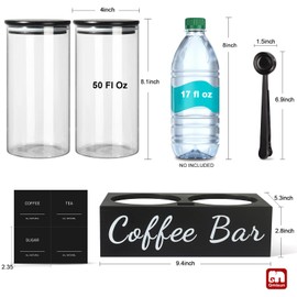 GMISUN Coffee Container, 2 Pcs 50 Fl oz Airtight Bean Storage Canister, Black Glass Ground Coffee and Sugar Jar Set with Scoop/Shelf/Labels, Sugar/Tea Holder Containers for Cafe Bar Countertop