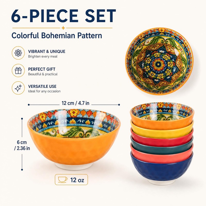 Set Of 6 Colorful Ceramic Small Bowls, Bohemian Style Snack,