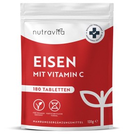 Iron Tablets with 40 mg Iron + Vitamin C (80 mg) - 180 Vegan Tablets - Iron Vitamin C High Dose - No Unwanted Additives - 6 Months Supply - Made by Nutravita