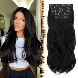 BARSDAR Clip-In Hair Extensions, Black, 50 cm, Wavy Clip-In Extensions for Women, 5 Pieces, Full Head Hair Extensions, Synthetic Hairpiece, Hair Extensions - Natural Black