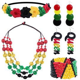 Gvhntk 5 Pieces Women's African Jewelry Rasta African Multicolor Beaded Stretchy Bracelet Kwanzaa Wooden Queen Dangle Earrings Jewelry Flower Crown Bohemian Coconut Shell Necklace