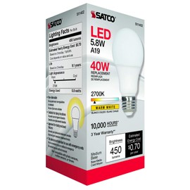 Satco 11402 5.8W LED A19 Light Bulb, 40W Replacement, 2700K Warm White, 450 Lumens