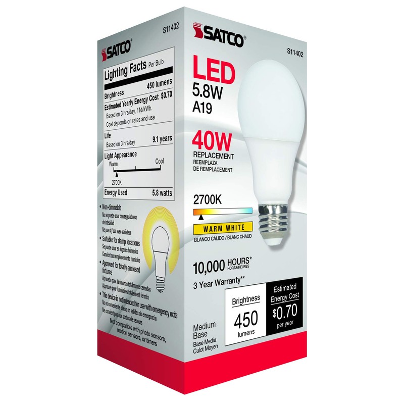 Satco 11402 5.8W LED A19 Light Bulb, 40W Replacement, 2700K
