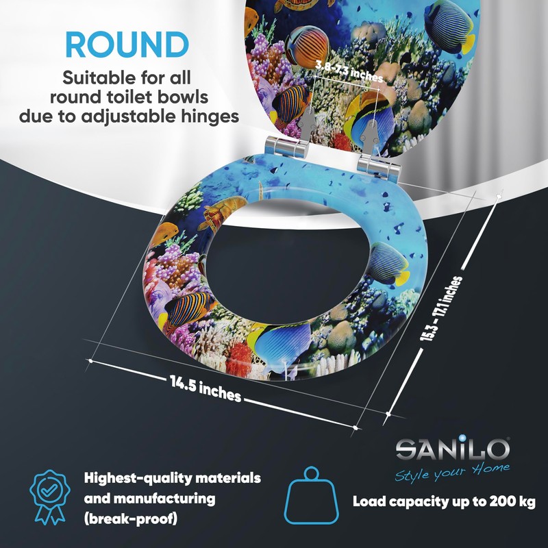 SANILO Wooden Toilet Seat with Soft Close [ROUND] - Decorative,