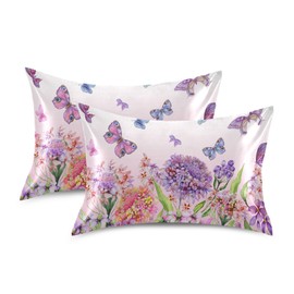 Satin Pillowcase for Hair and Skin Silk Pillowcase King Size Hydrangea Flower Floral Butterfly Pillow Cases Cooling Satin Pillow Covers with Envelope Closure