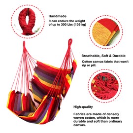 Hammock Chair Hanging Rope Swing, Max 300 Lbs Hanging Chair with Pocket- Quality Cotton Weave for Superior Comfort & Durability Perfect for Outdoor, Home, Bedroom, Patio, Yard (Colorful)