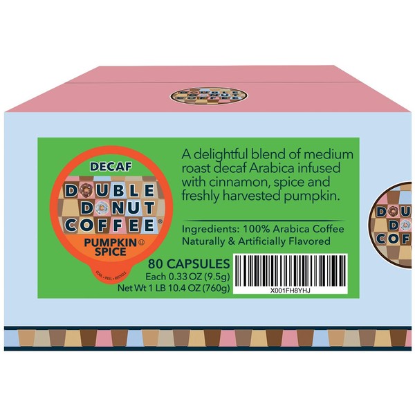 Double Donut Medium Roast Decaf Coffee Pods, Pumpkin Spice Flavored, for Keurig K-Cup Machines, 80 Single-Serve Capsules per Box