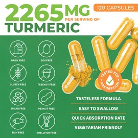 ForestLeaf Organic Turmeric Supplement Extra Strength 2265mg - with BioPerine and Ginger for High Absorption -Turmeric Curcumin with Black Pepper Extract, 95% Curcuminoids, Herbal Joint Support 120 Veggie Caps