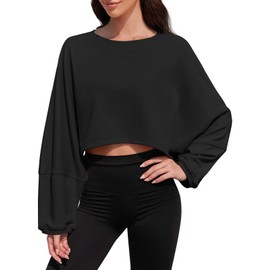 Tankaneo Womens Long Ballon Sleeve Sweatshirts Tops Cropped Crew Neck Loose Fit Casual Workout Shirts Black
