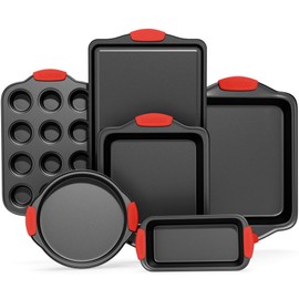 BAKKENMASTER Baking Set – 6 Piece Kitchen Oven Bakeware Set – Deluxe Non-Stick Black Coating Inside and Outside – Carbon Steel – Red Silicone Handles – PFOA PFOS and PTFE Free by Bakken