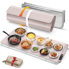 FYY Extra Large Warming Mat for Food with Heat Resistant Pad, Prevent Countertop Cracks, Keep Meal Warm, Rapid and Full Surface Heating, 6 Temp Settings, 6H Timer, Rollable Portable Food Warmer, Pink