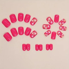 Hot Pink Flower Press on Nails Short Square Fake Nails with Cute Floral Design Stick on Nails Glossy Full Cover False Nails Press ons Acrylic Glue on Nails for Women Girl Nails Art Decoration 24Pcs