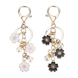 PATIKIL Flower Keychain Charm, Cherry Blossom Enamel Key Chain Cute Floral Keyring Pendant with Lobster Clasp for Women Girls Key Handbag Backpack Bag Accessories, White/Black