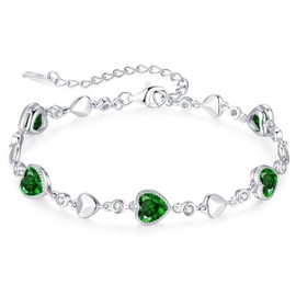 LOUISA SECRET Five Love Heart Birthstone Bracelets for Women, 925 Sterling Silver Fine Jewelry, Charm Link Bracelets Birthday Anniversary Christmas Gift for Women Wife Mom Girlfriend Lady