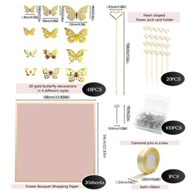 SNAIL GARDEN 20Sheets Flower Bouquet Wrapping Paper,Floral Wrapping Paper With 20Pcs Metal Floral Place Card Holder,48Pcs 3D Gold Butterfly Decor,100Pcs Pins & 25Yard Satin Ribbon For DIY Gifts (Pink)