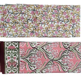 Mango Gifts Indian Hand Block Print 100% Cotton Floral Pink Tablecloth with 6 Napkins