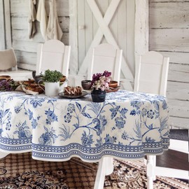 Blue Floral Oval Tablecloth 60x84 Inch, Blue and White French Country Tablecloth, Rustic Floral Polyester Waterproof Tablecloth for Farmhouse Kitchen Decor/Indoor and Outdoor Tables/Parties/Picnics