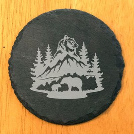 Bear Hug Adventure: Slate Coasters Set, Laser-Etched Male Bear, Mountain & Tree Scene with Mother Bear and Cub - Unique Home Decor Gift - Round Slate - set of 8