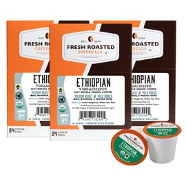 Fresh Roasted Coffee, Organic Ethiopian Yirgacheffe | USDA Organic, Kosher, 3rd Party Tested for Mold, Myco, Pesticides | 72 Pods for K Cup Brewers