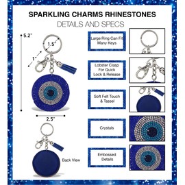 Aqua79 Evil Eye Keychain - Blue and Silver Sparkling Rhinestones Charm with Tassel, Fashionable Stylish Polyester PU Key Ring Bling Jewelry Accessory with Clasp For Key Chain, Bag, Purse & Backpack