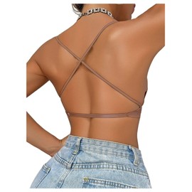 WDIRARA Women's Seamless Wireless Low Back Bra Backless Padded Convertible Halter Bralettes Mocha Brown Small