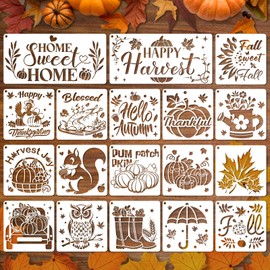Konsait 18 PCS Fall Stencils for Painting on Wood, Happy Thanksgiving Templates Thankful Stencil Autumn Pumpkin Stencil Reusable Fall Door Mat Stencils for Fabric Drawing Crafts