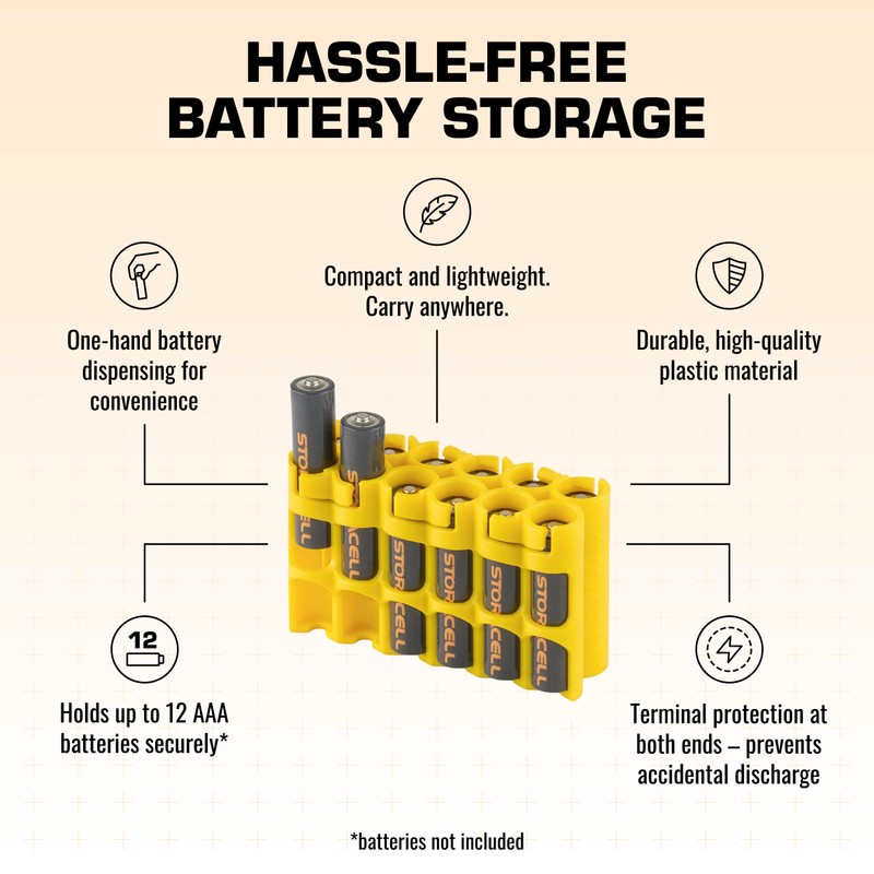 AAA Battery Storage Caddy by Storacell, Yellow, Holds 12 Batteries
