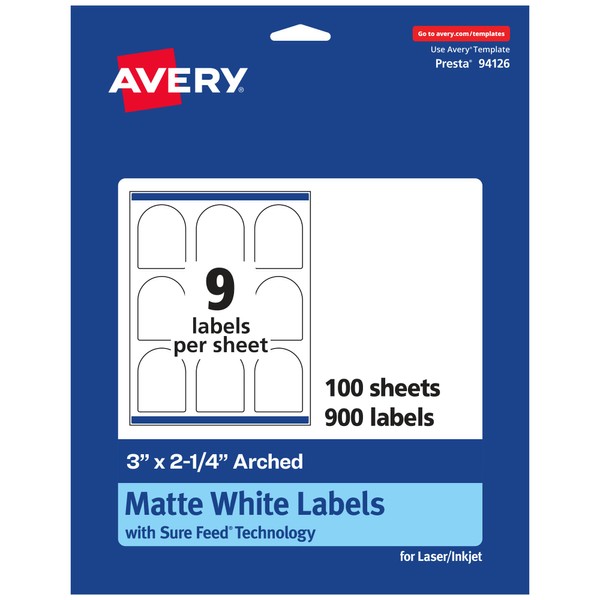 Avery Matte White Arched Labels with Sure Feed, 3" x